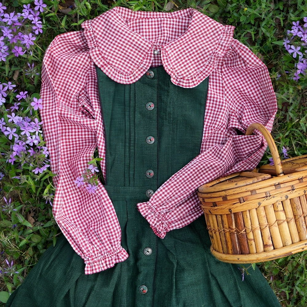 Vintage Pinafore Dirndl with Gingham Blouse, Holiday Outfit, Christmas